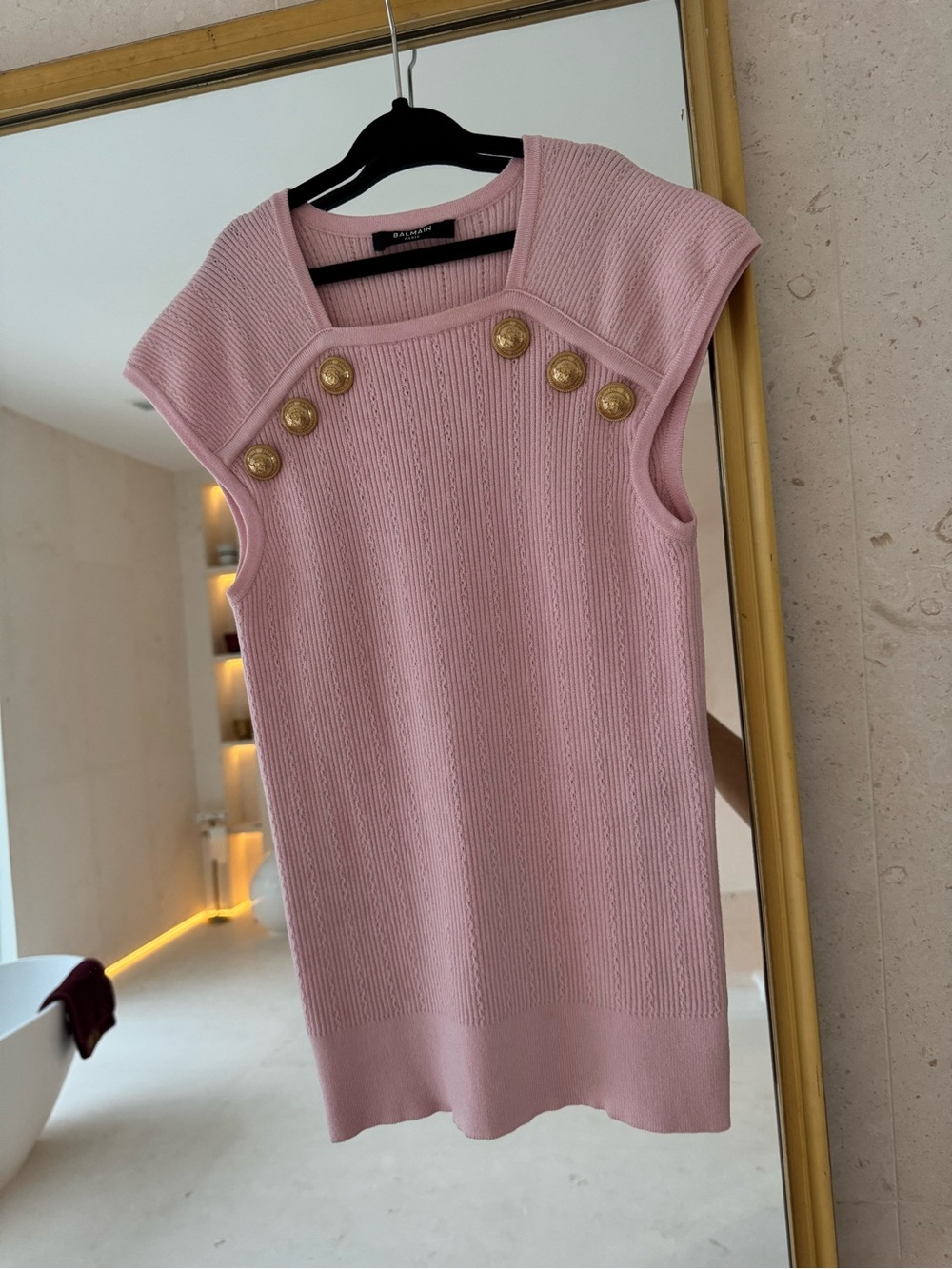 Balmain ballerina Pink Sleeveless Knit Top with Gold Buttons